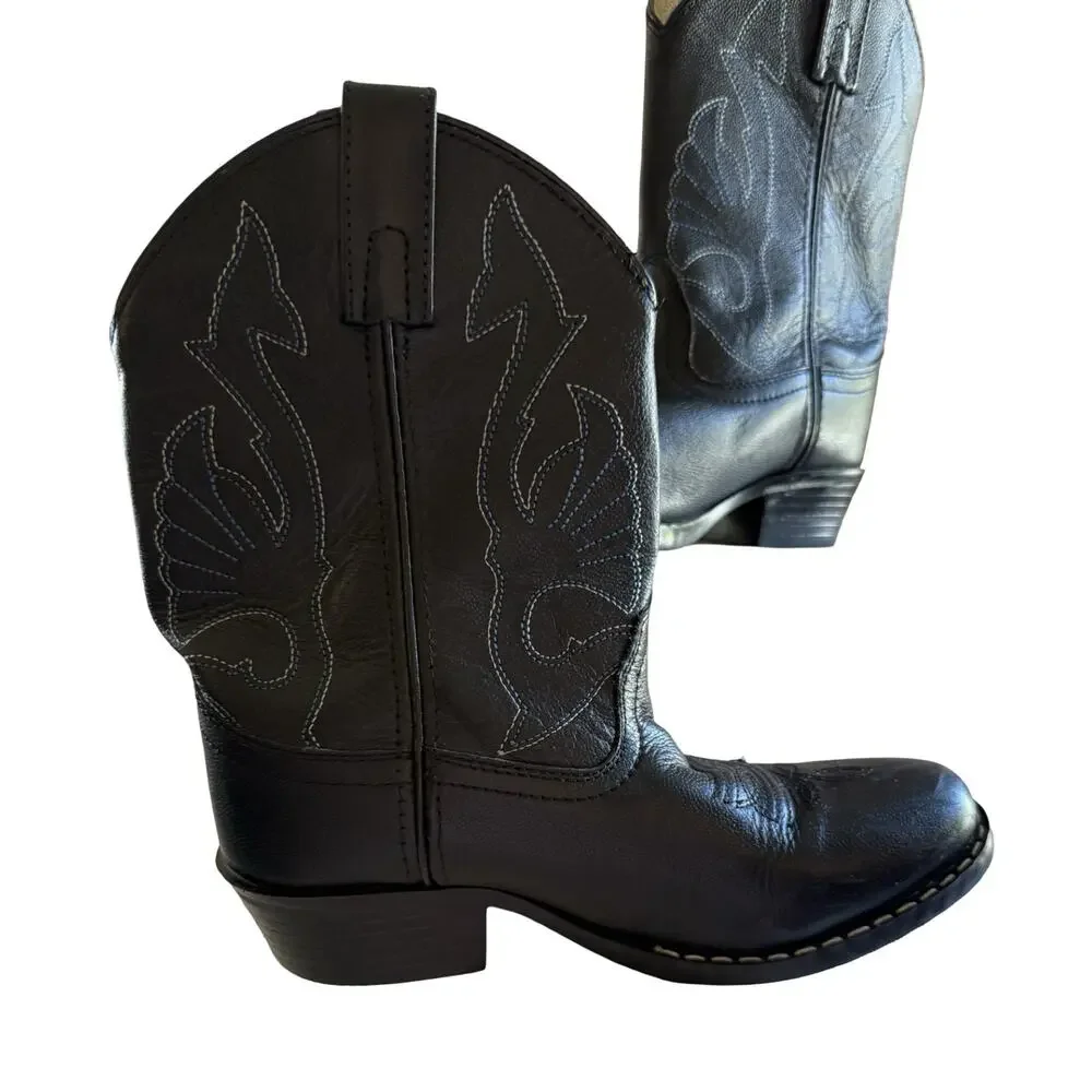 Masterson Cowboy Boots Size 2.5 Youth Black Leather Western Embroidery Pull Tabs